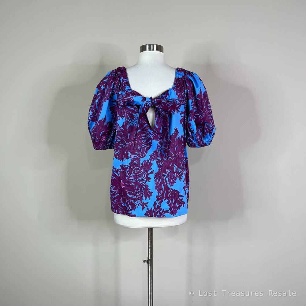 Lilly Pulitzer | Torrey Floral Puff Sleeve Blue Purple Square Neck Top Blouse 12 - Picture 5 of 10